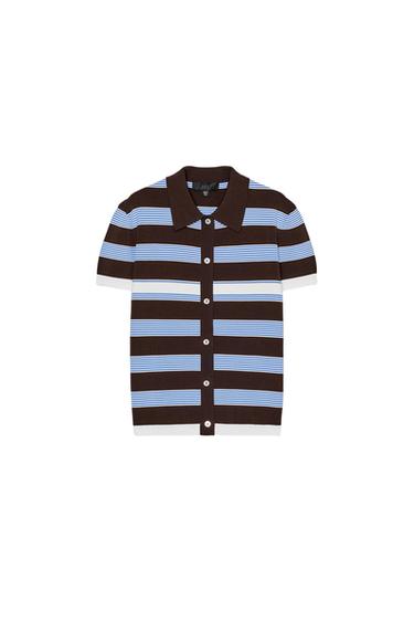 Zara STRIPED KNIT POLO SHIRT - Brown-Blue - Image 0