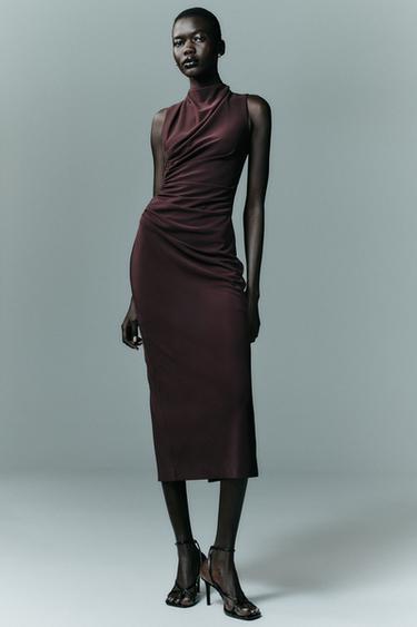 VESTIDO MIDI DRAPEADO - Burgundy de Zara - Imagen 0