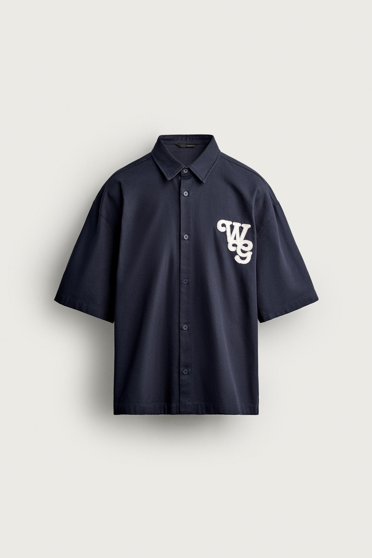 HERRINGBONE PATCH RELAXED SHIRT — Blue