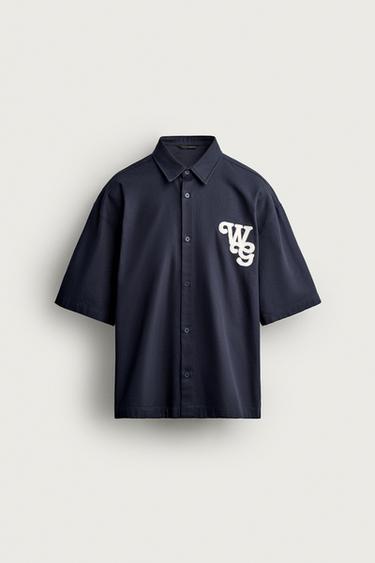HERRINGBONE PATCH RELAXED SHIRT — Blue 1
