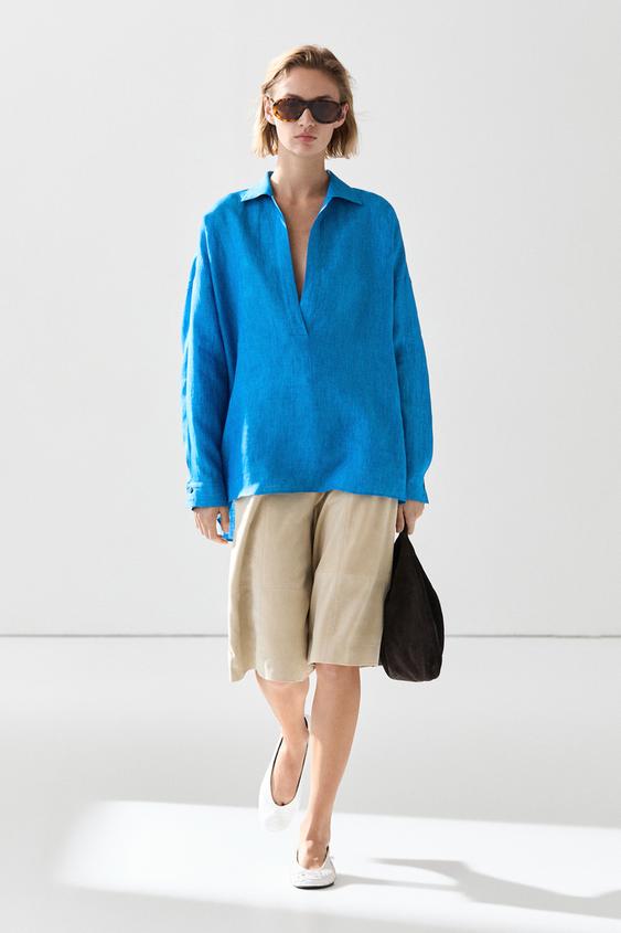Blusa fluida 100% lino - Azul de Zara - Imagen 0