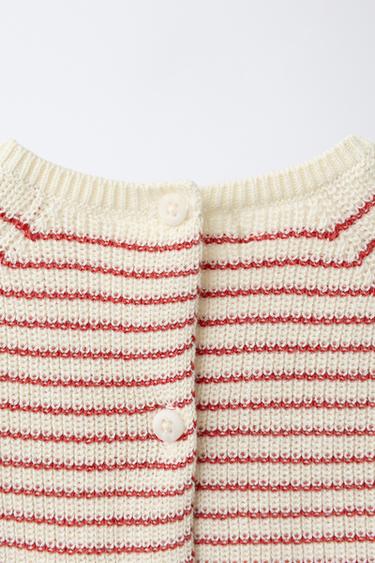 PULL EN MAILLE À RAYURES - Écru / Rouge de Zara - Image 3