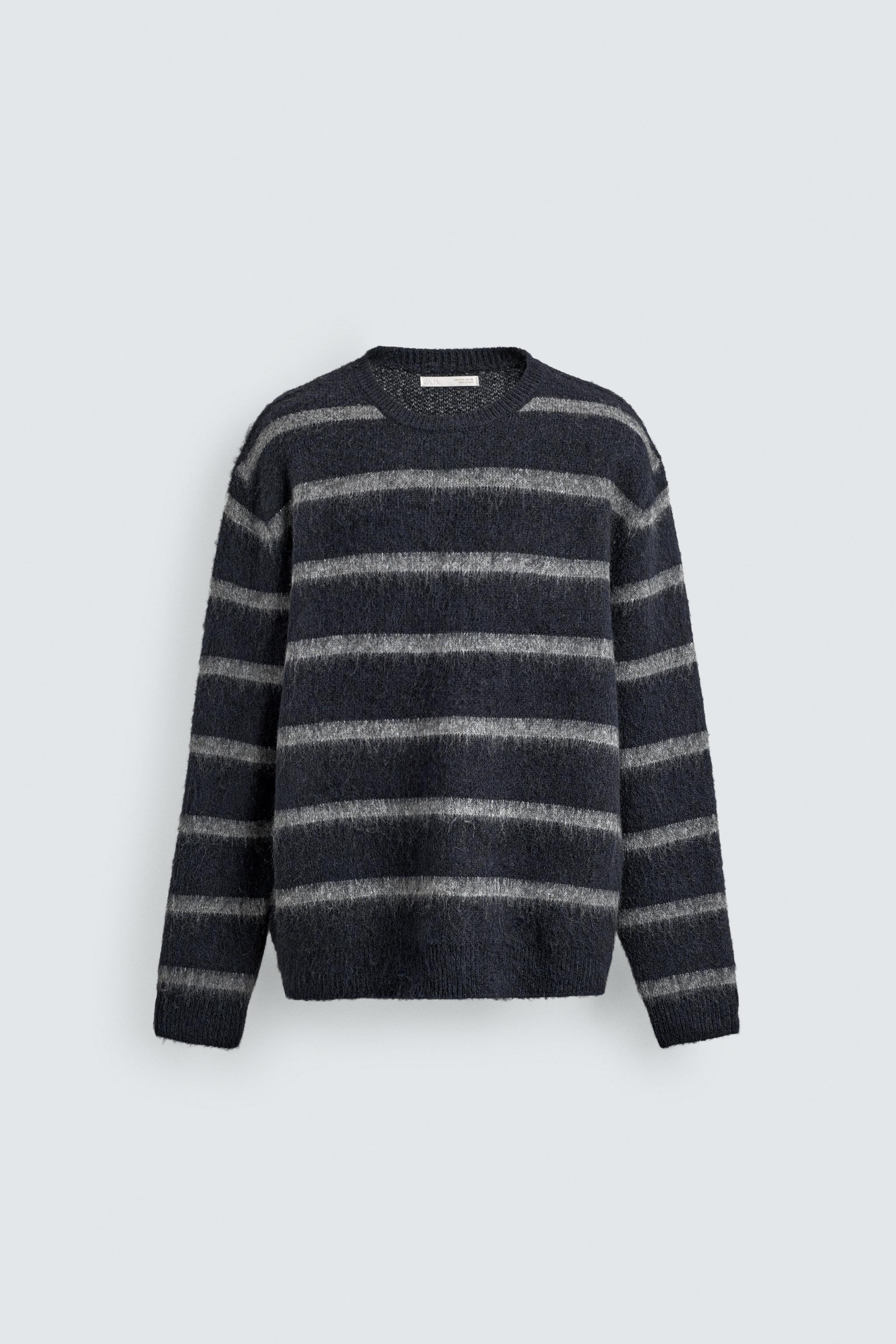 ZARA 起毛加工ニットセーター M ストライプ柄起毛加工ボクシーフィットセーター - ブルー | ZARA Japan