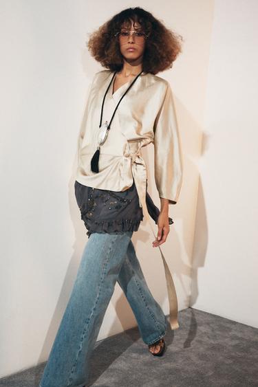 WRAP BLOUSE WITH BOW IN LINEN ZW COLLECTION - Beige by Zara - Image 1