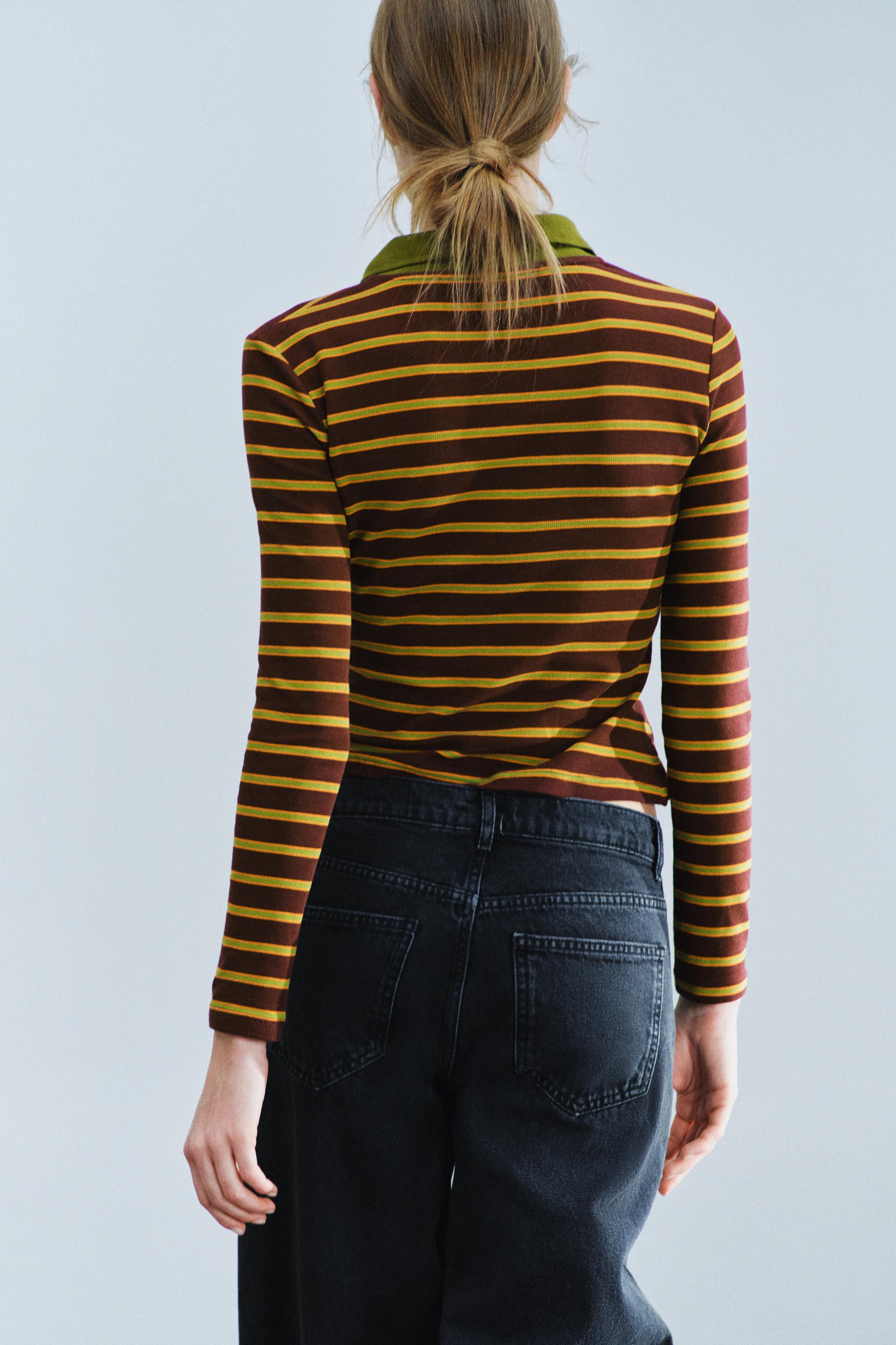 Zara KONTRAST ÇİZGİLİ POLO T-SHIRT görsel 5