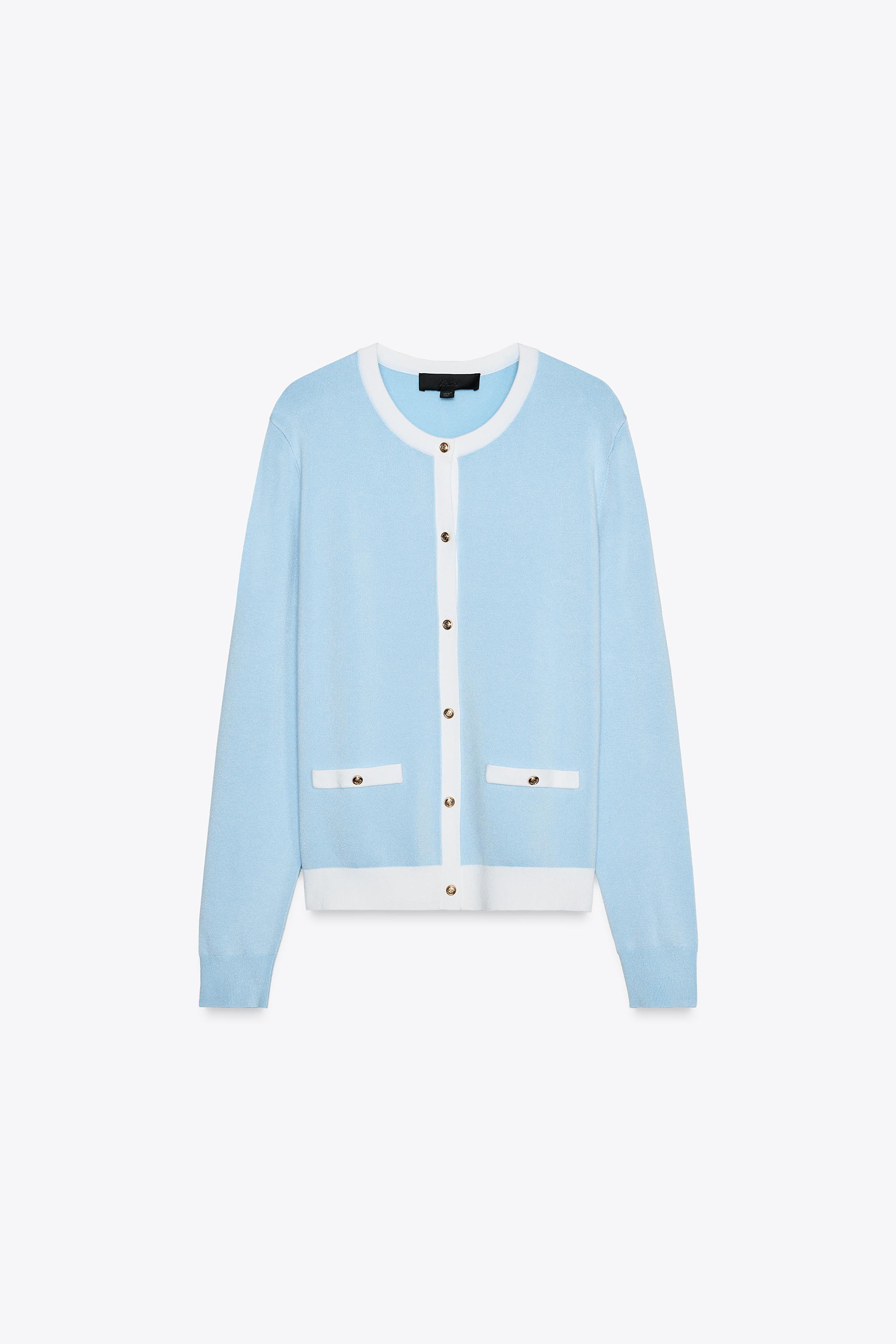 CONTRAST TRIM KNIT CARDIGAN Blue/White ZARA Australia