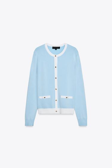 CONTRAST TRIM KNIT CARDIGAN - Blue/White by Zara