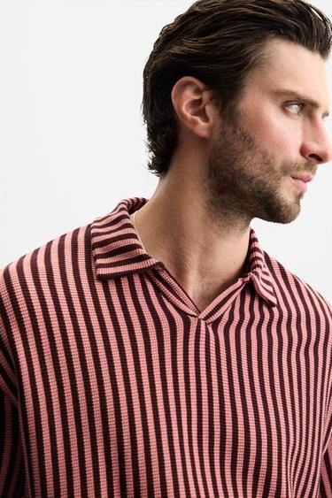 STRIPED JACQUARD POLO SHIRT - Light maroon by Zara - Image 4