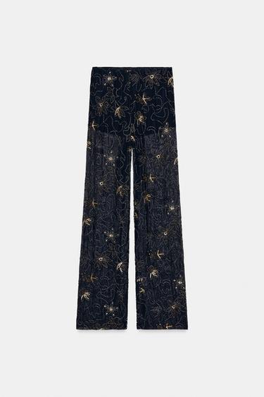 CALÇA RETA COM MIÇANGAS E LANTEJOULAS - Azul da Zara