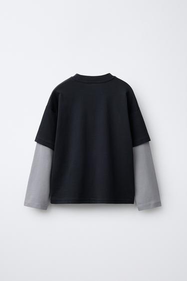 T-SHIRT DOUBLE MANCHE INSCRIPTION - Bleu / Gris de Zara - Image 1