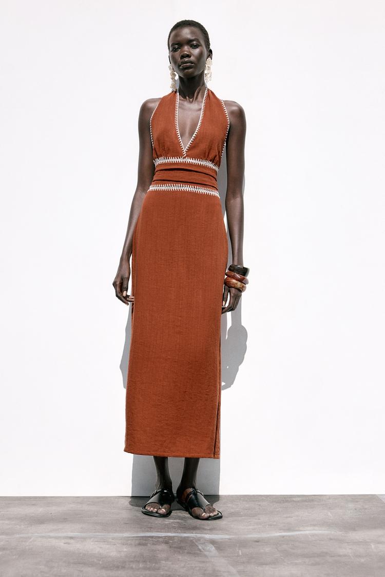 Midi Zara Vestido Lana Mujer Zara VESTIDO MIDI BORDADOS Terracota