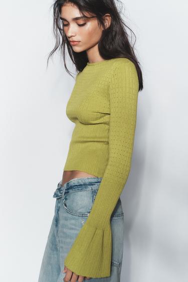 PULL EN MAILLE POINTELLE À MANCHES ÉVASÉES - Vert de Zara - Image 3