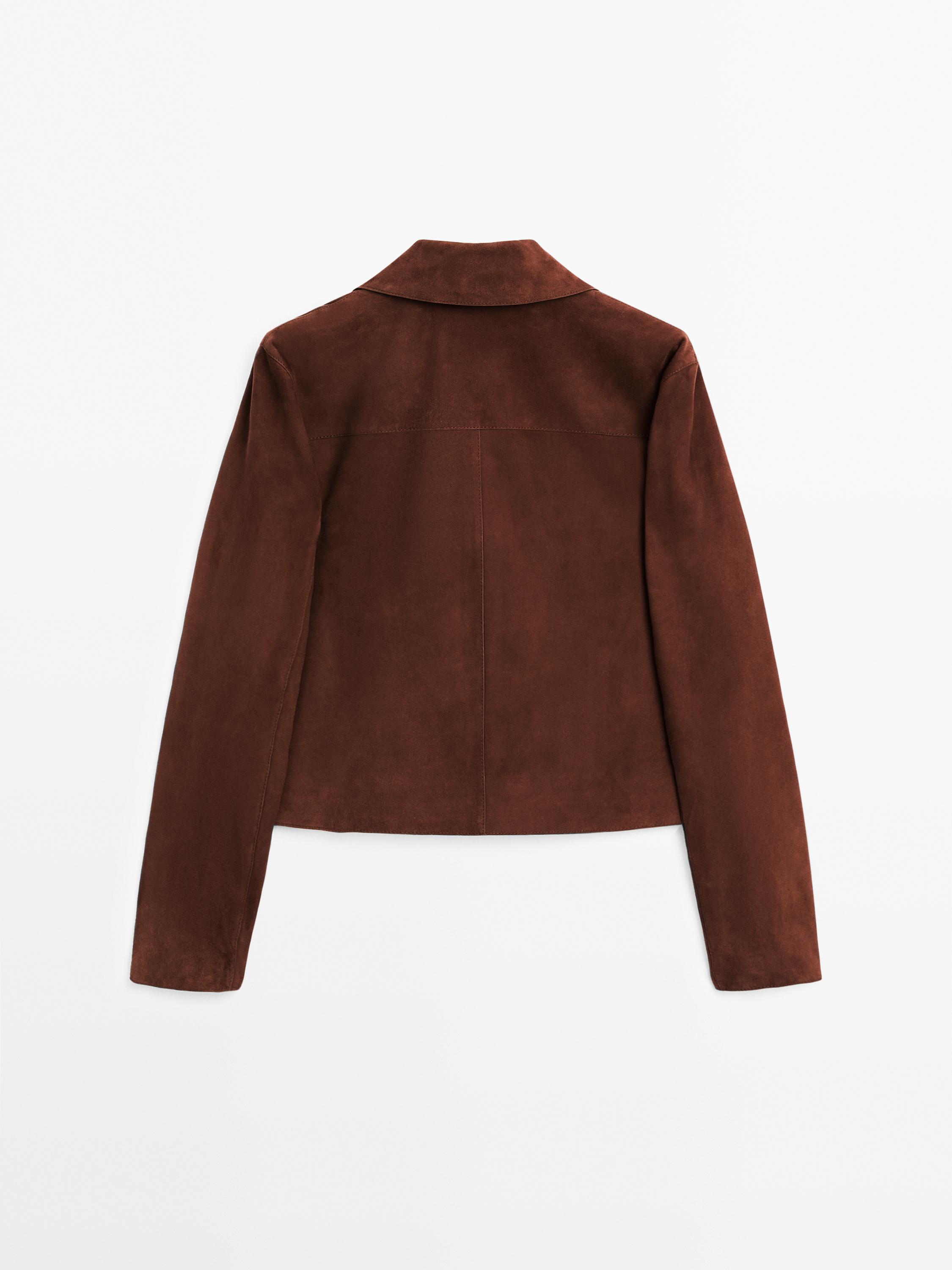 Cropped suede leather-lined jacket with buttons