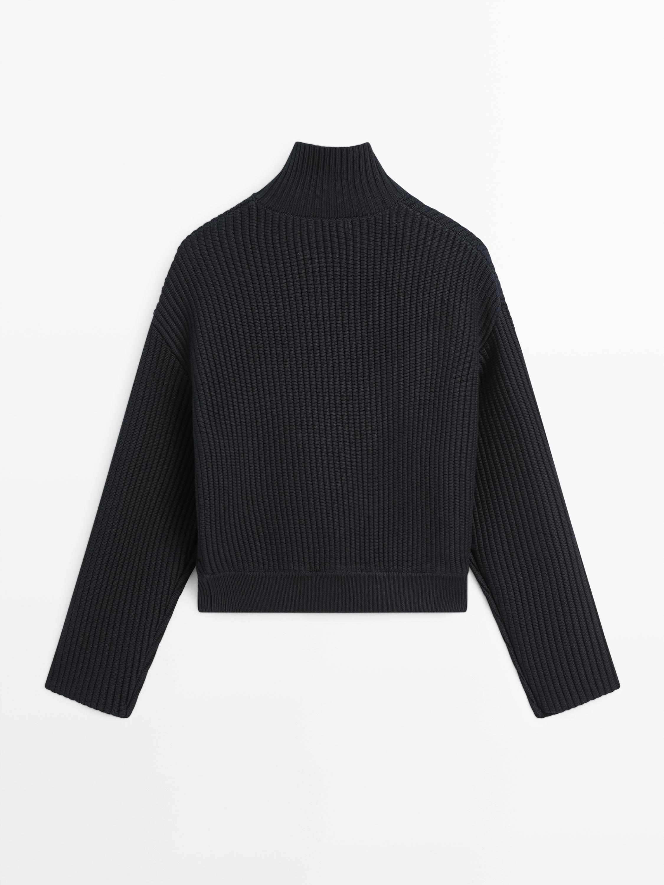 Cotton high neck knit cardigan