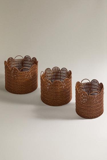 Zara ROUND WOVEN BASKET WITH WAVE DESIGN - Brown - Image 0