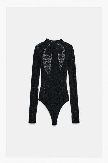 Zara SATIN BOW LACE BODYSUIT - Black