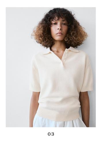 Pull polo laine en maille - Blanc cassé de Zara