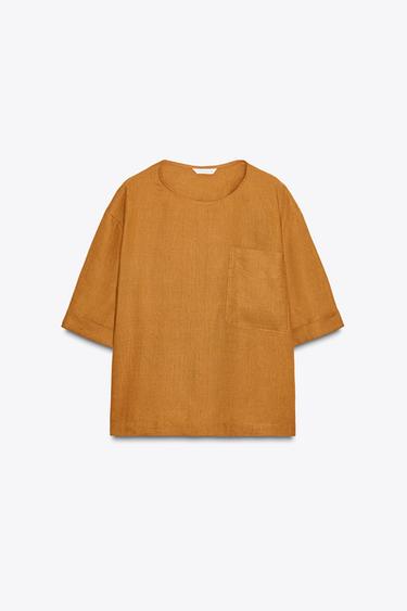 TOP LINEN LENGAN PENDEK ZW COLLECTION - Kuning tua dari Zara