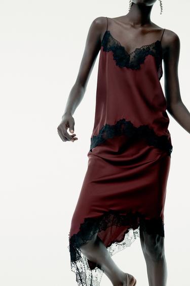 Zara ASYMMETRIC LACE SATIN EFFECT SKIRT - Maroon