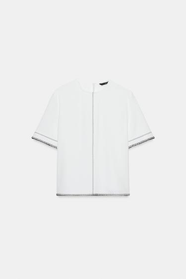 TOP À SURPIQÛRES CONTRASTANTES - Blanc cassé de Zara - Image 6
