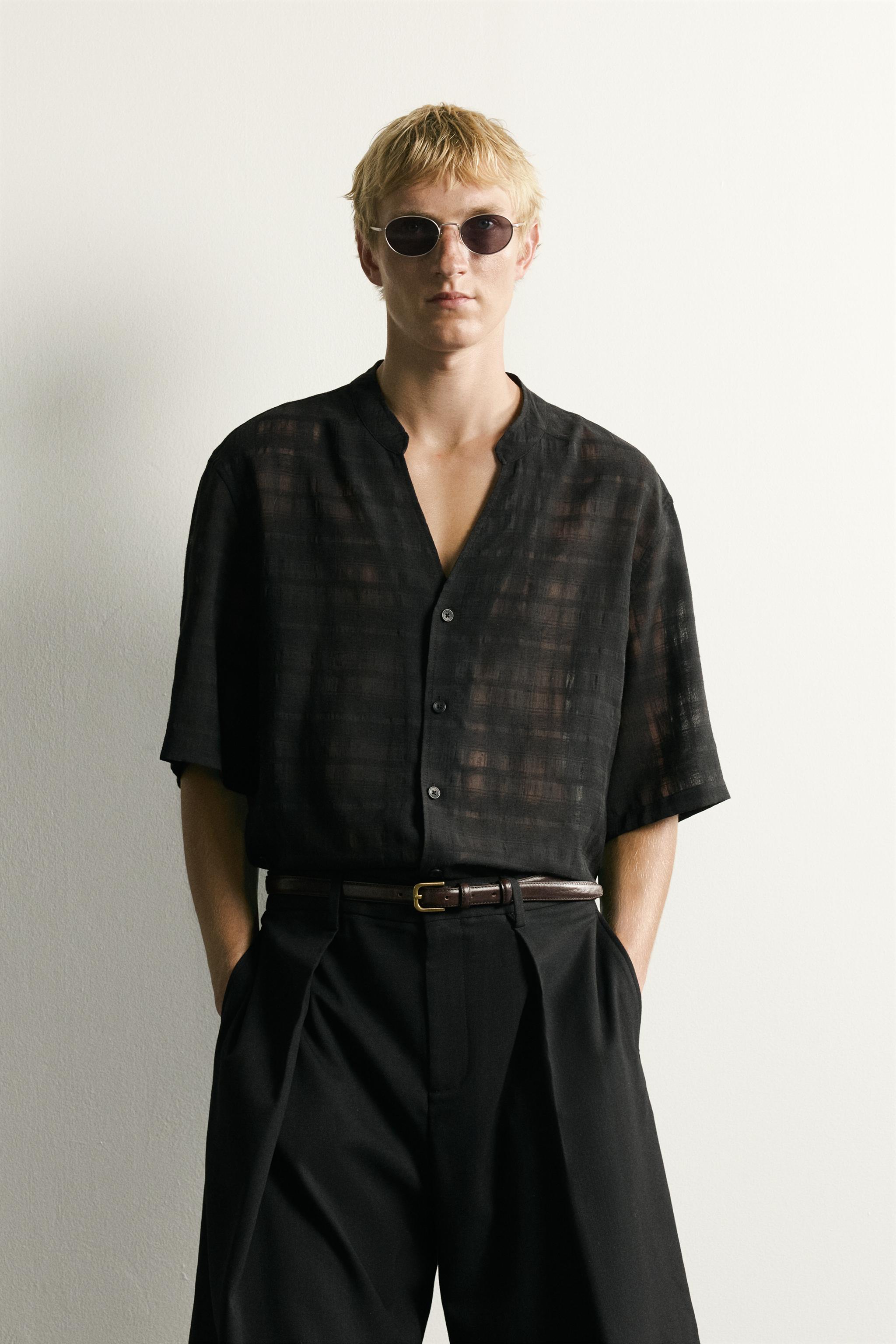 SEMI-SHEER CHECK JACQUARD SHIRT — Black