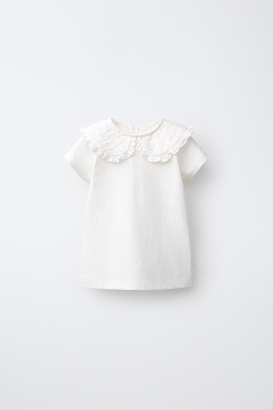 CAMISETA CUELLO BOBO BORADADO - Blanco roto de Zara - Imagen 0
