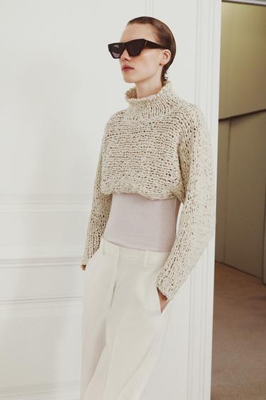 CROPPED KNIT JUMPER WITH INTERTWINED RIBBON - Ecru by Zara - Image 3