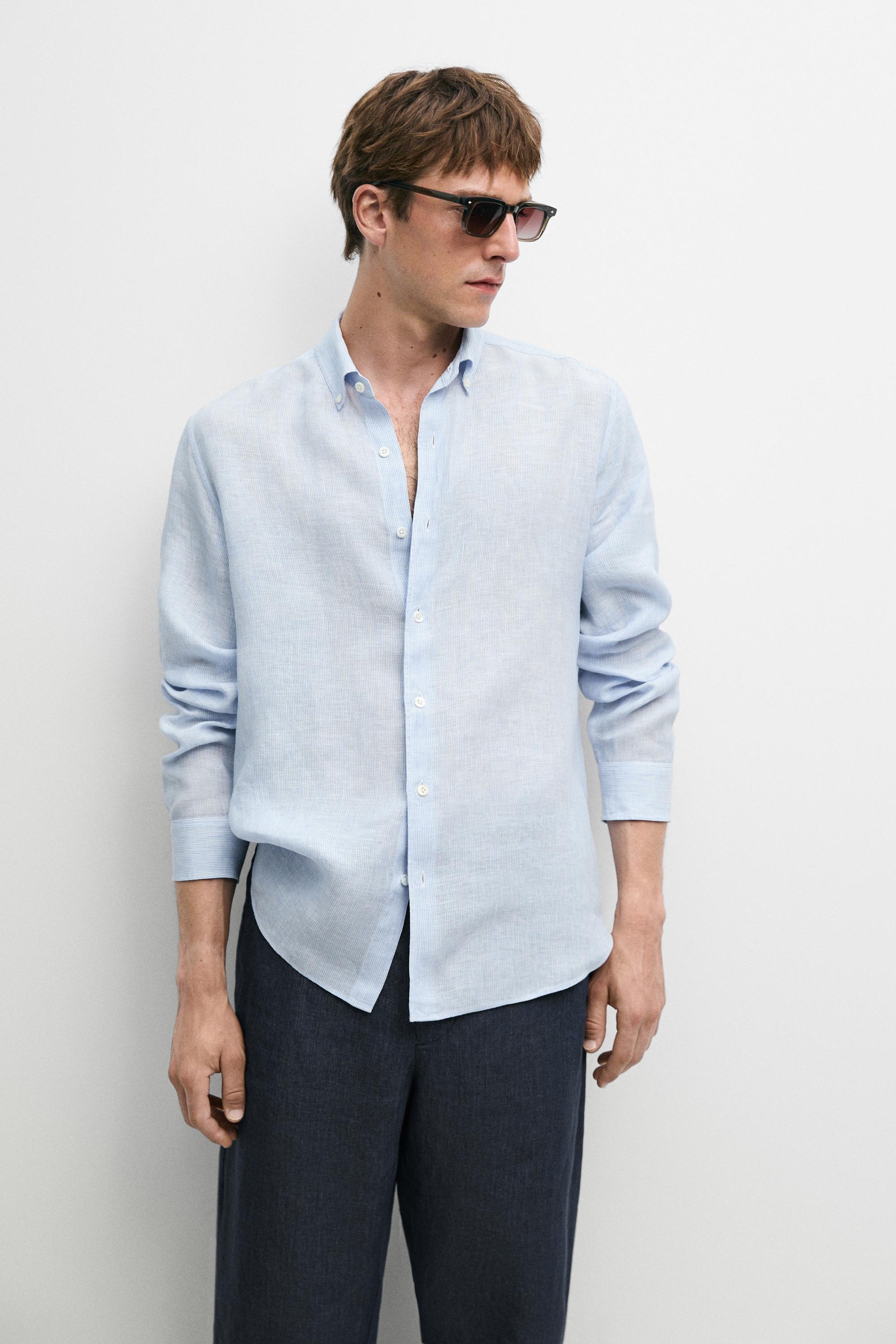 100% linen regular fit pinstriped shirt — Sky blue
