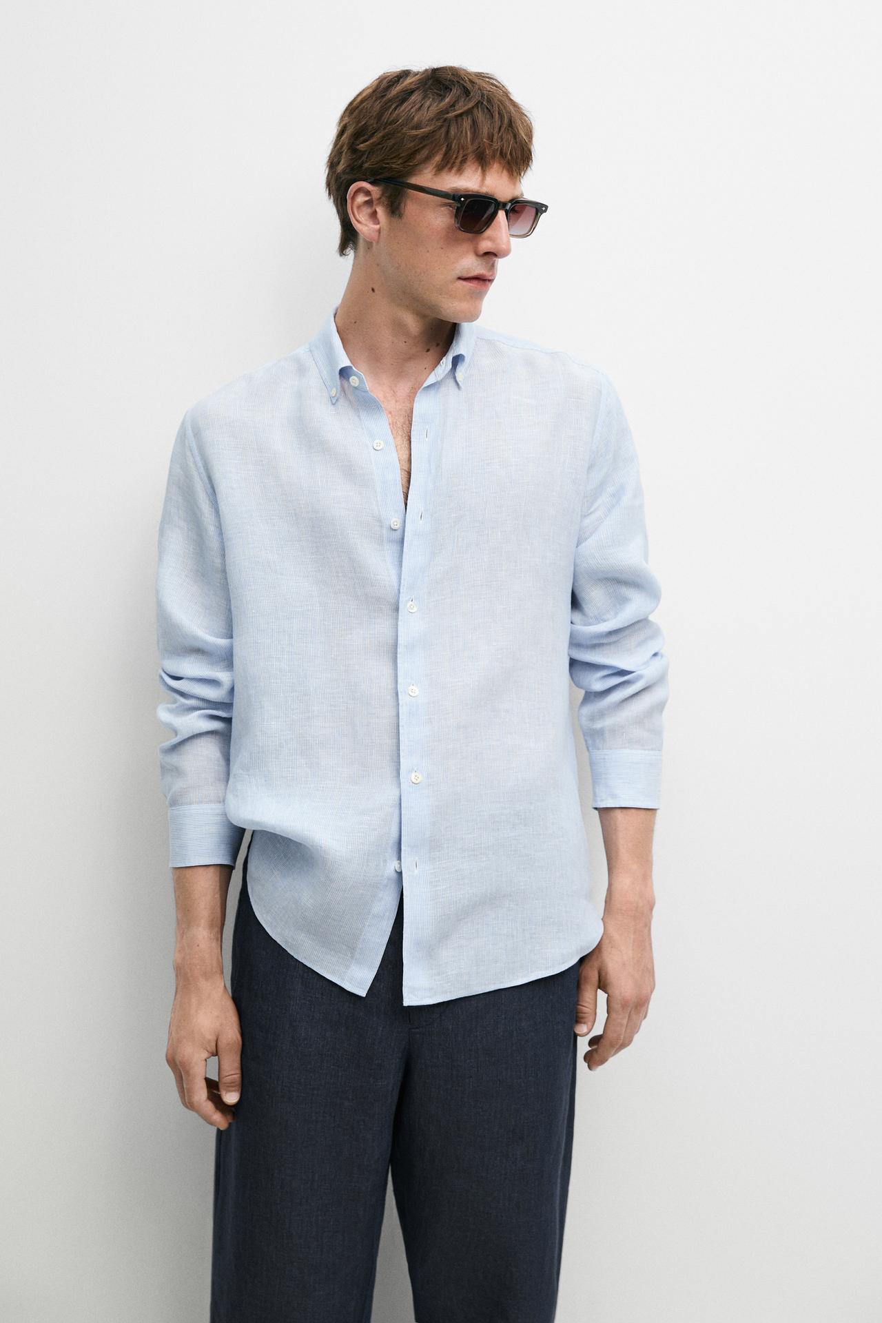 100% linen regular fit pinstriped shirt — Sky blue