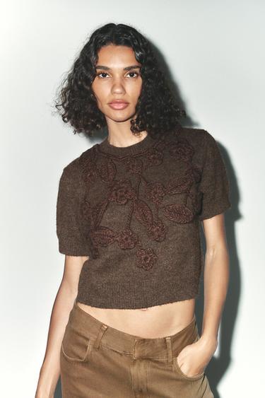 CROCHET FLORAL KNIT SWEATER - Brown by Zara - Image 0