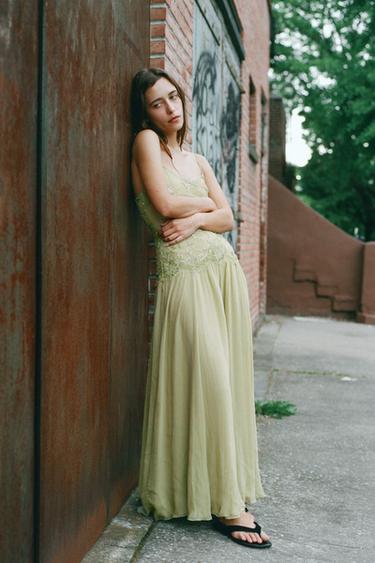 Zara GEORGETTE LACE BEADED DRESS - Green