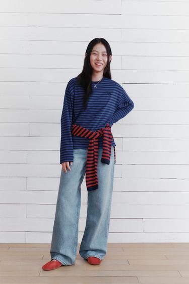 Zara 刺繡愛心條紋 T 恤 - 藍色