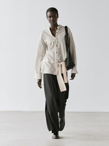 Zara Striped flowing shirt with stand collar - Oyster-white - Image 0