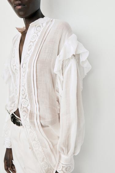 Zara Stand collar blouse with embroidery and ruffles - White
