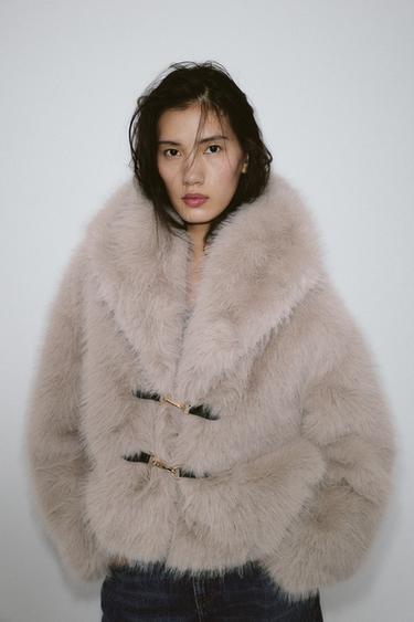 Zara SHORT FAUX FUR TOGGLE COAT - Pearl gray