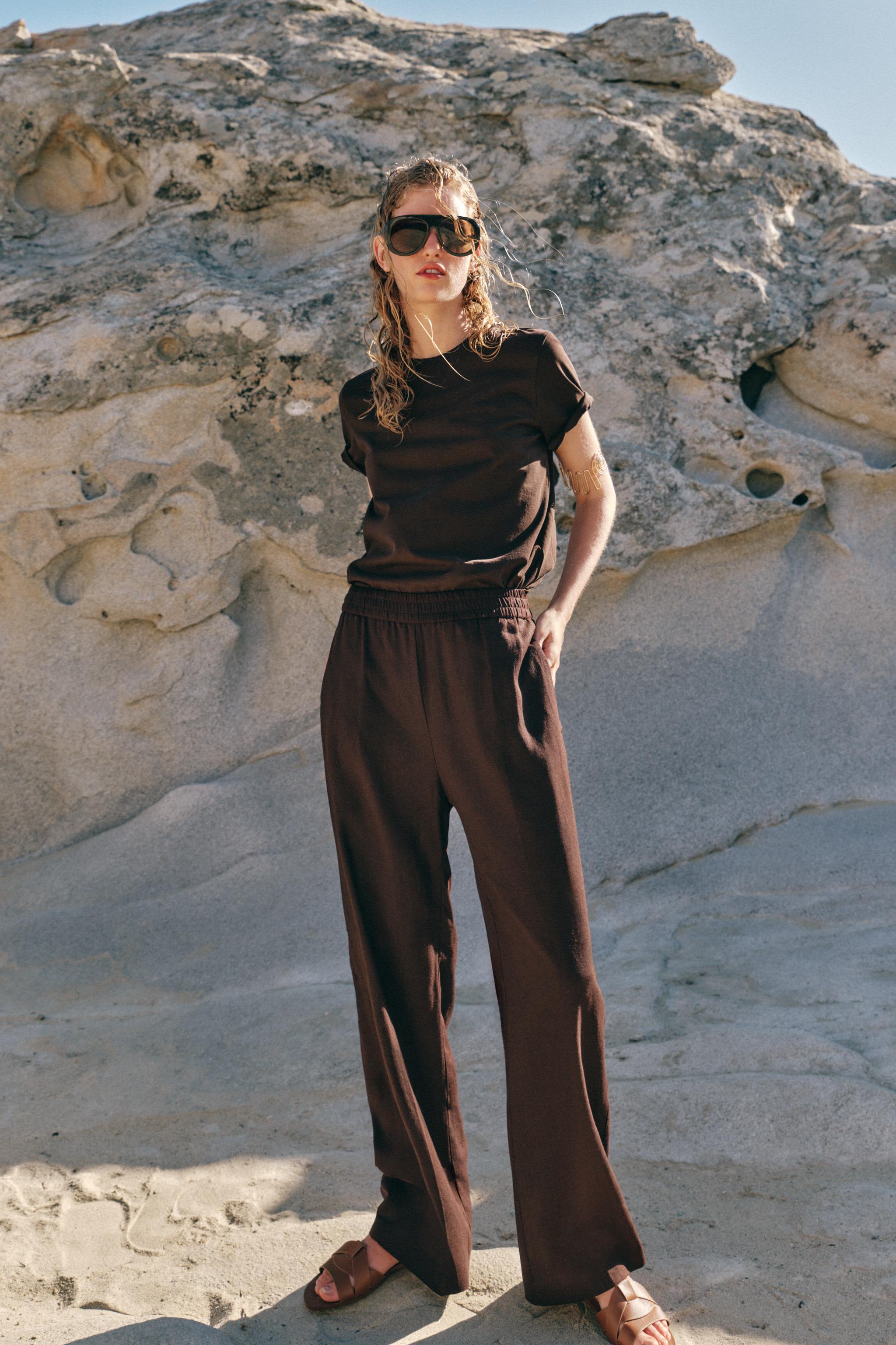 LINEN STRAIGHT LEG PANTS — Dark brown