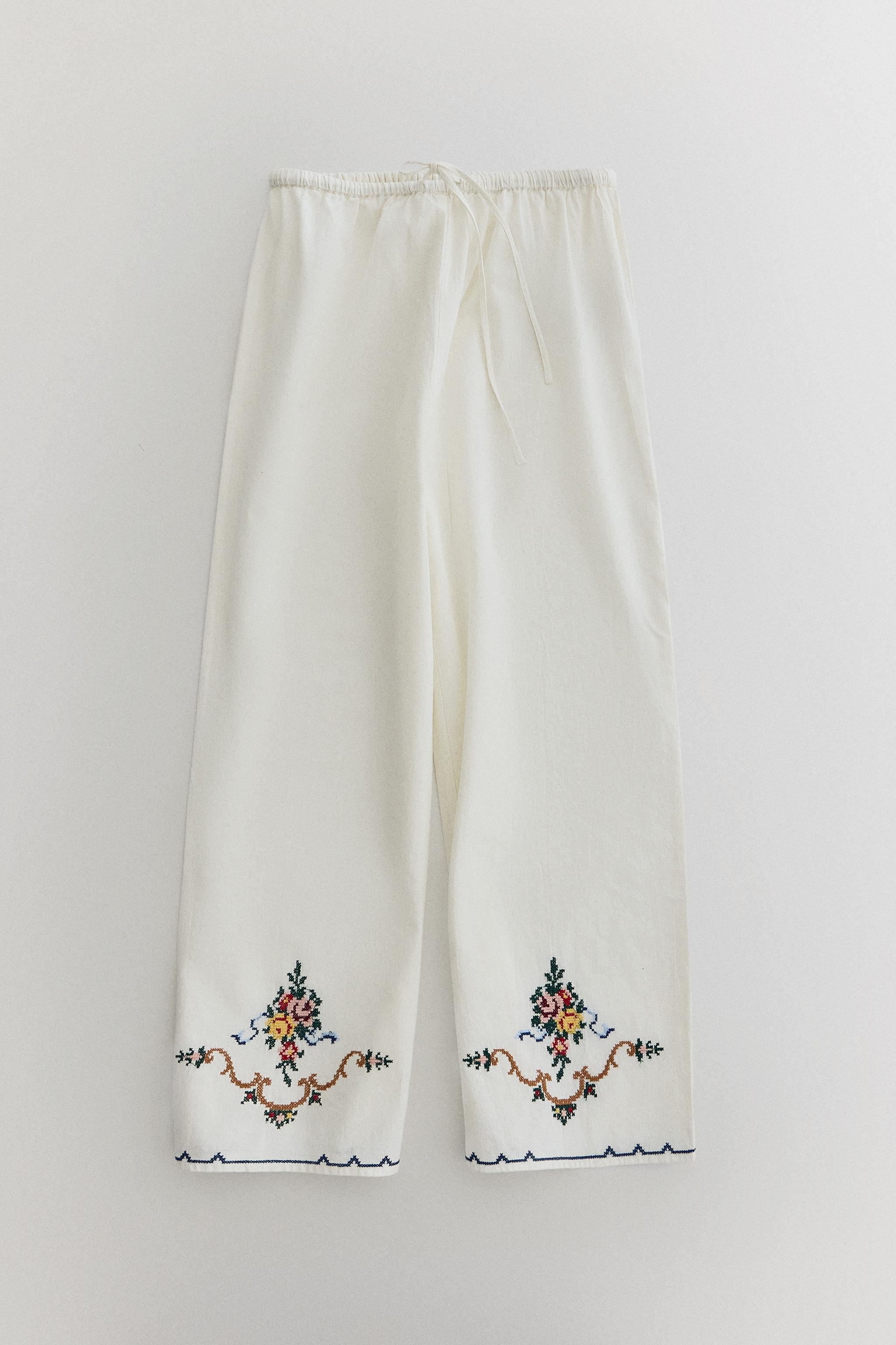 PANTALON COTON ET LIN BRODÉ