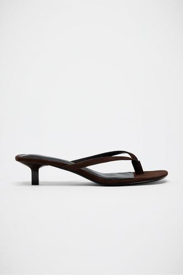 Zara SUEDE KITTEN HEEL SANDALS - Chocolate Brown
