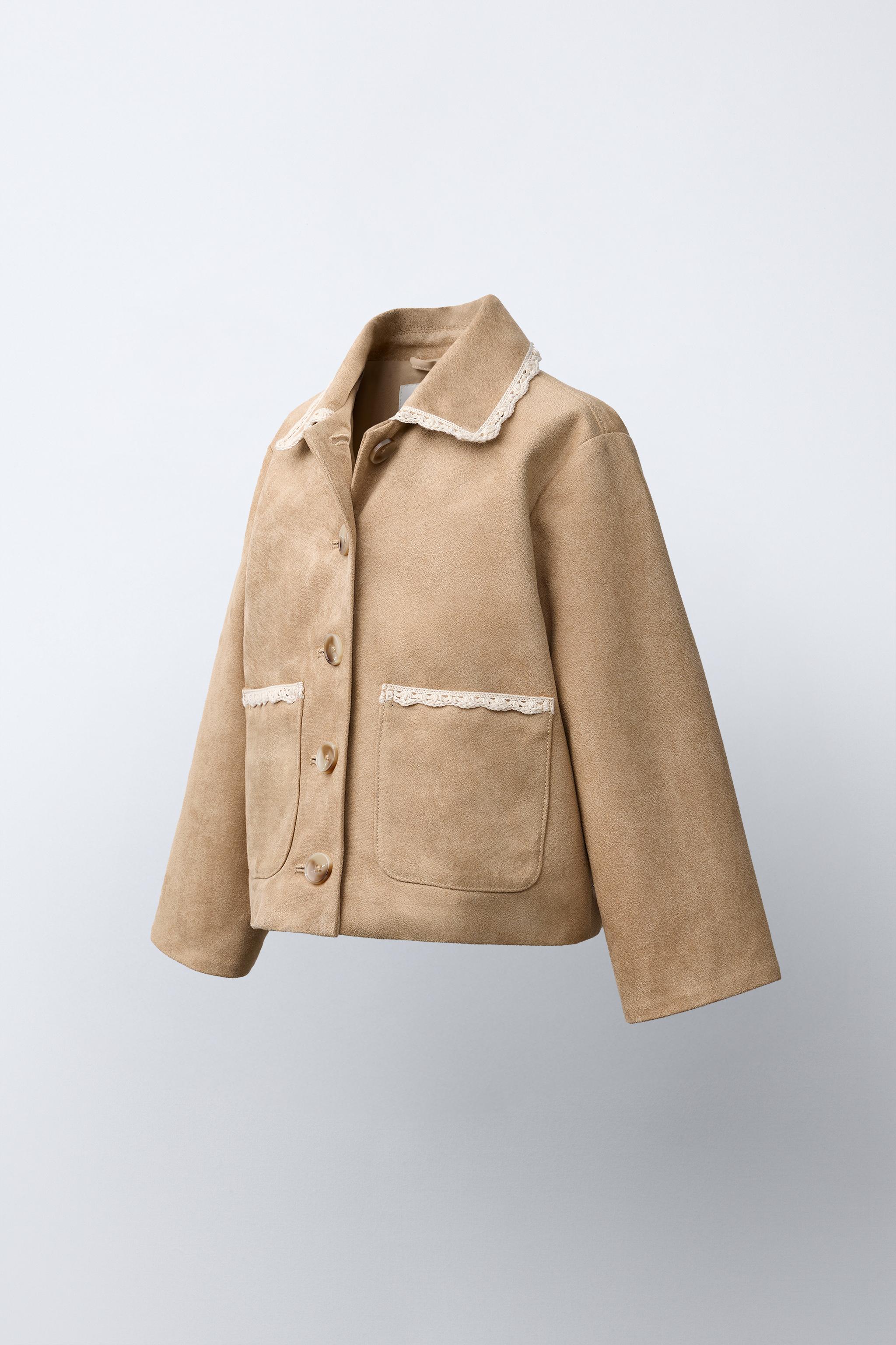 FAUX SUEDE AND LACE TRIM JACKET — Beige