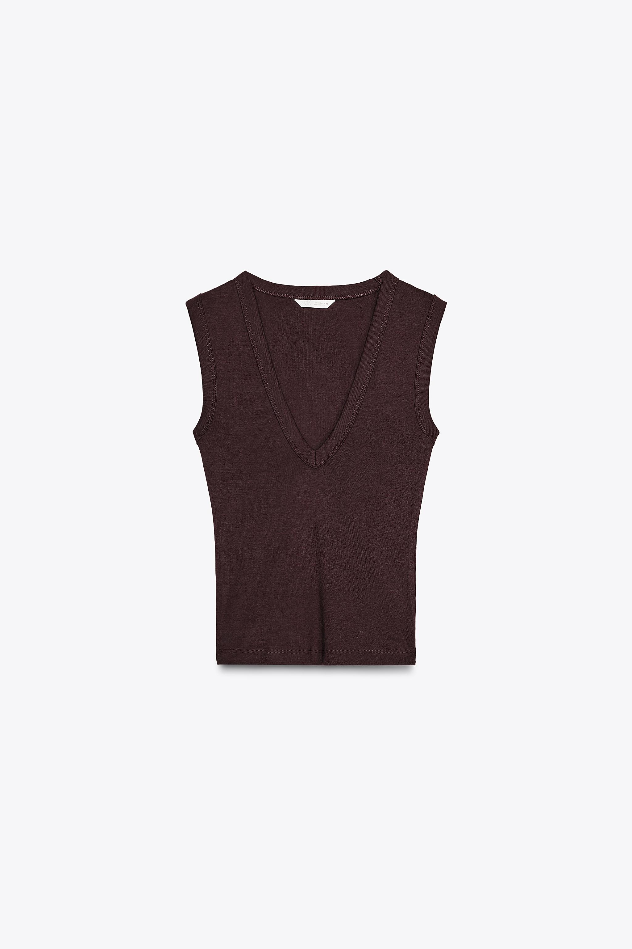 VネックTシャツ - ダークブラウン | ZARA Japan / 日本