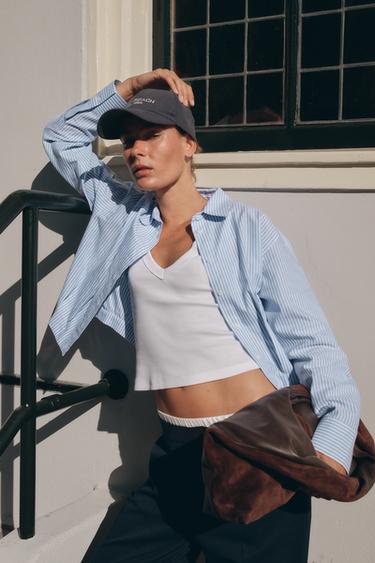 PLEATED WAIST STRIPED CROPPED OXFORD SHIRT - Ecru / Blue by Zara
