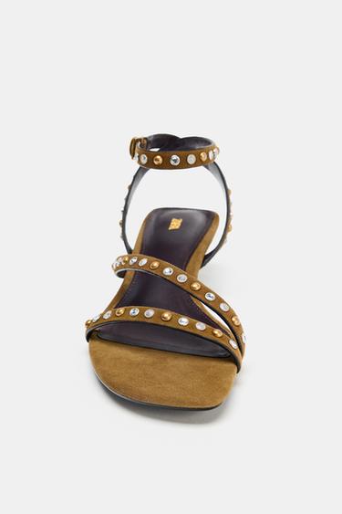 SPLIT SUEDE STUDDED KITTEN HEEL SANDALS - Olive Green by Zara - Image 3