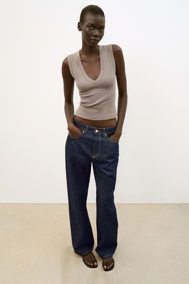 Zara COTTON V-NECK T-SHIRT - Brown / Taupe