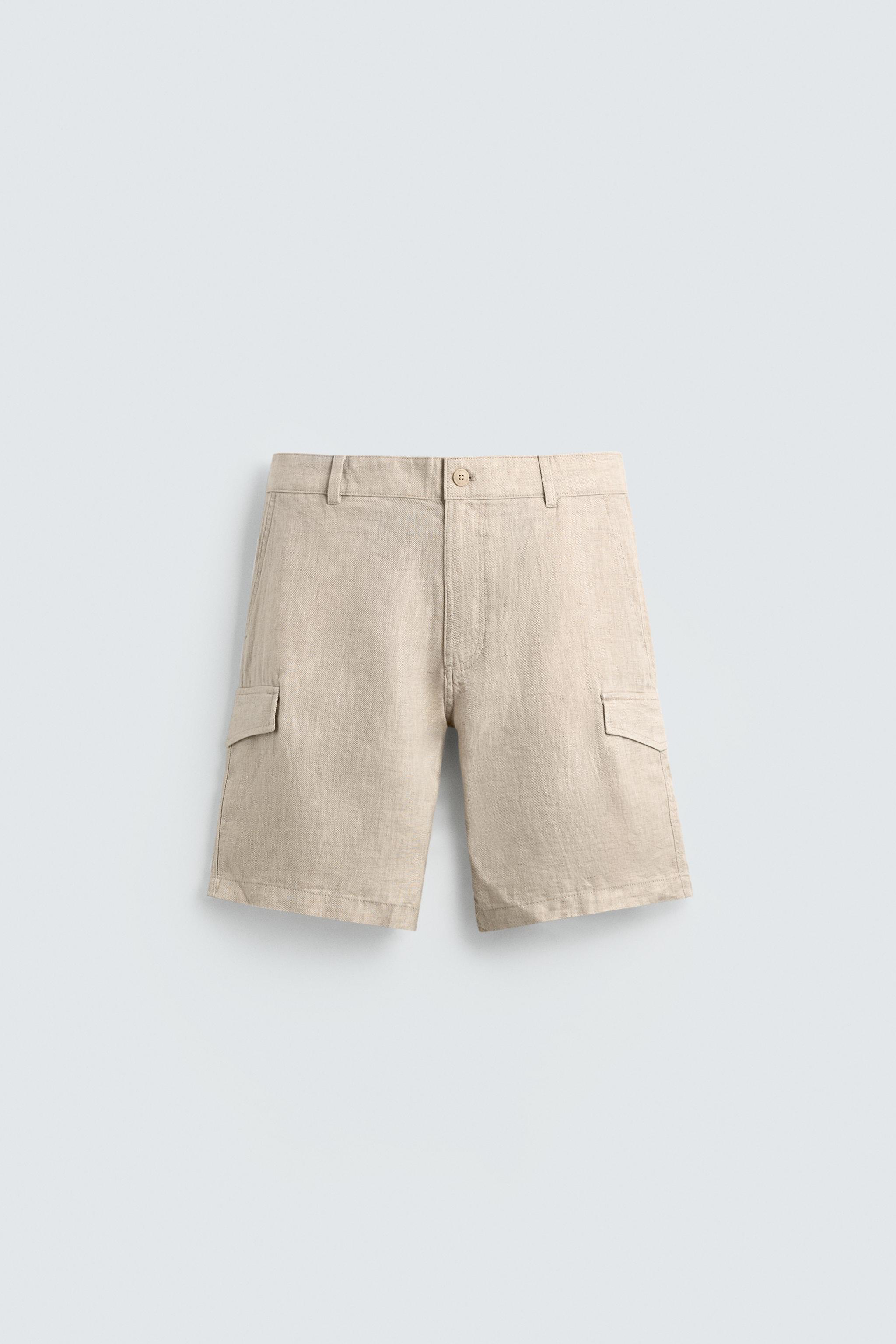 REGULAR FIT 100% LINEN CARGO SHORTS — Light beige