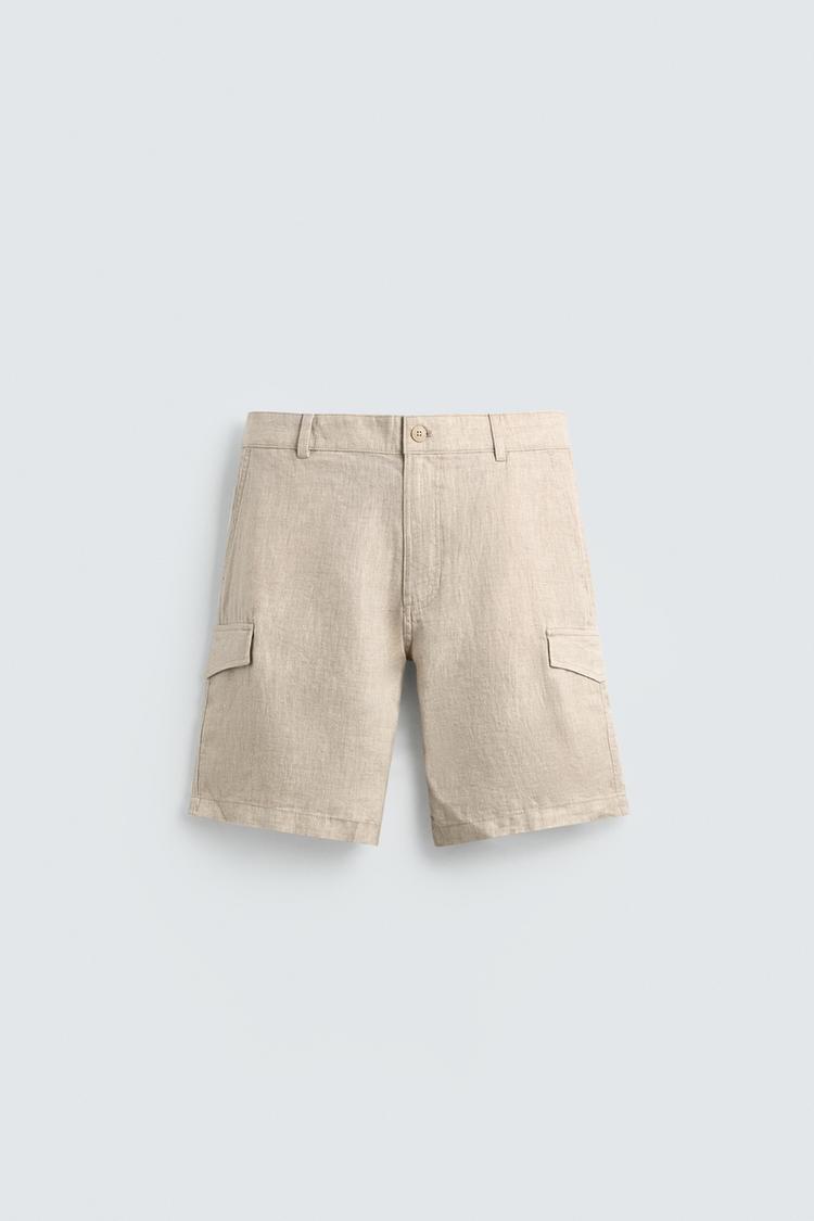 ZARA REGULAR FIT 100% LINEN CARGO BERMUDA SHORTS