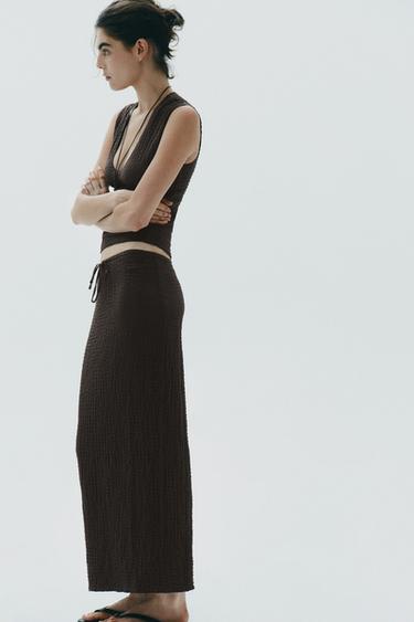 JUPE MIDI TEXTURÉE - Chocolat de Zara - Image 4