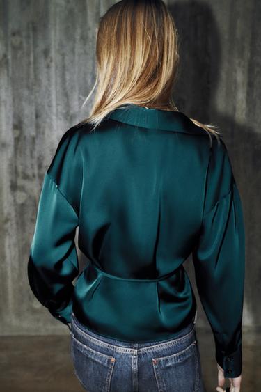 SATIN BLOUSE WITH THIN BELT - Duck green by Zara - Image 4