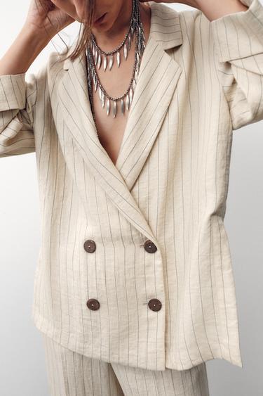 STRIPED DOUBLE-BREASTED BLAZER - Ecru / Black by Zara