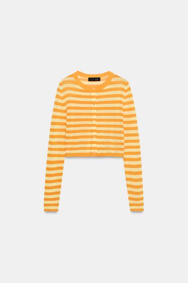 CROPPED STRIPED KNIT CARDIGAN - Orange / Yellow by Zara - Image 2