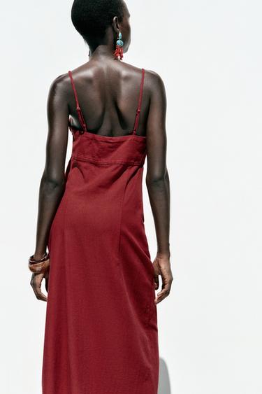 LINEN BLEND MIDI STRAPPY DRESS - Burgundy by Zara - Image 4